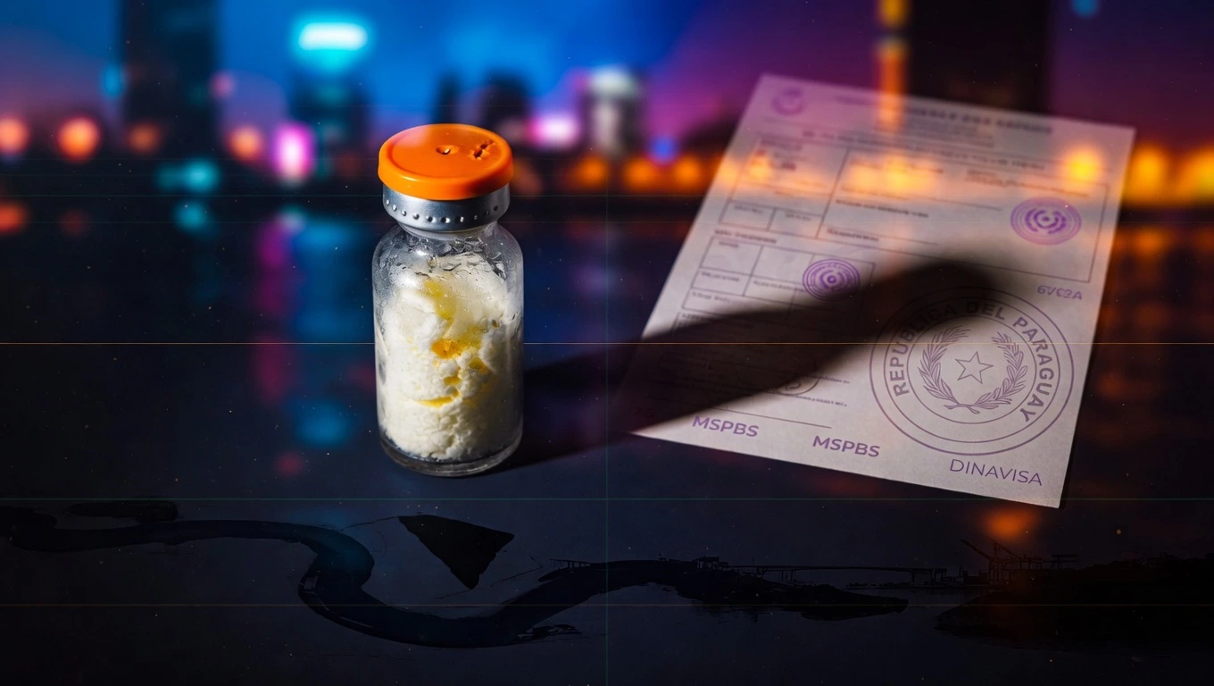 Vial peptídico junto a documento oficial de receta médica paraguaya en fondo índigo profundo, símbolo del marco DINAVISA regulatorio paraguayo aplicable a péptidos.