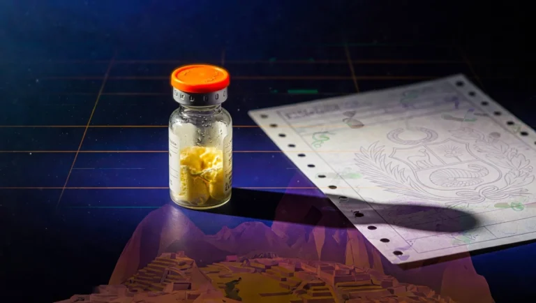 Vial peptídico junto a documento oficial de receta médica peruana en fondo índigo profundo, símbolo del marco DIGEMID regulatorio peruano aplicable a péptidos.