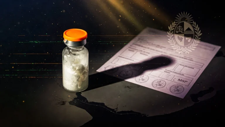 Vial peptídico junto a documento oficial de receta blanca uruguaya en fondo índigo profundo, símbolo del marco MSP regulatorio uruguayo aplicable a péptidos.