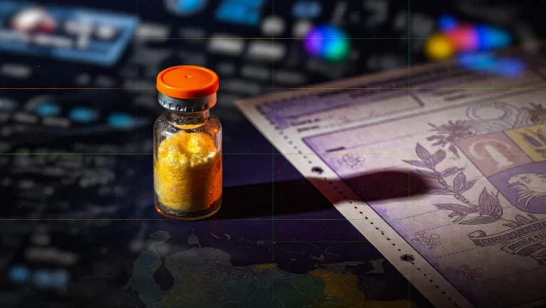 Vial peptídico junto a documento oficial de receta médica venezolana en fondo índigo profundo, símbolo del marco INHRR regulatorio venezolano aplicable a péptidos.
