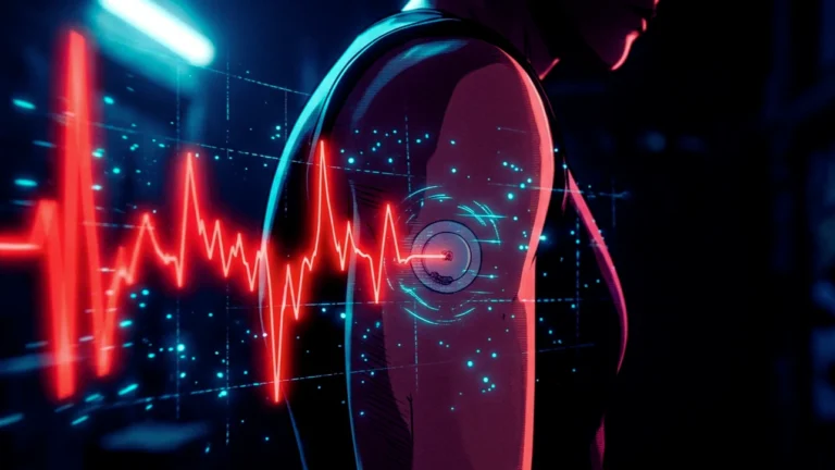 Brazo con un sensor de glucosa del que sale una onda de glucosa en rojo neón sobre fondo oscuro con partículas de datos en cian, estética AKIRA, monitor continuo de glucosa.
