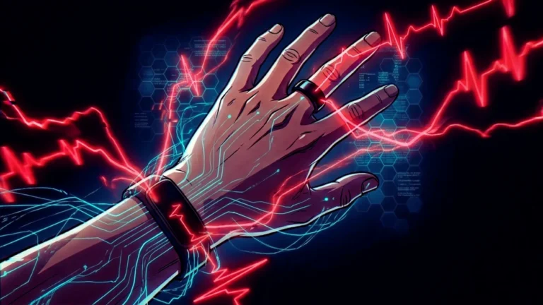 Mano con un anillo inteligente y una pulsera sin pantalla de las que salen ondas de datos en rojo neón y barras de fases de sueño en cian sobre fondo oscuro, estética AKIRA, wearables Oura y Whoop.