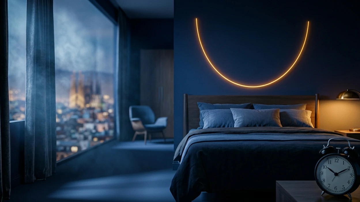 Cama vacía en un dormitorio en penumbra al amanecer con una sutil curva de luz en forma de U en la pared.