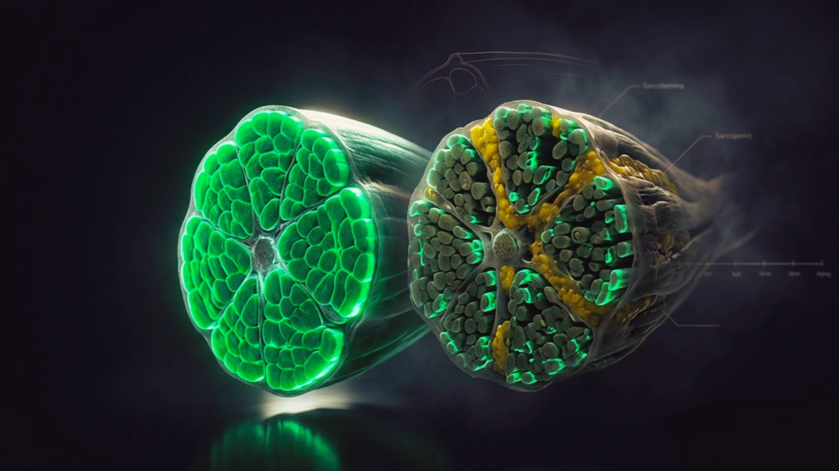 Comparación en 3D de fibra muscular sana y densa en verde frente a músculo sarcopénico atrofiado y debilitado, sobre fondo índigo, ilustrando la pérdida de masa muscular con la edad.
