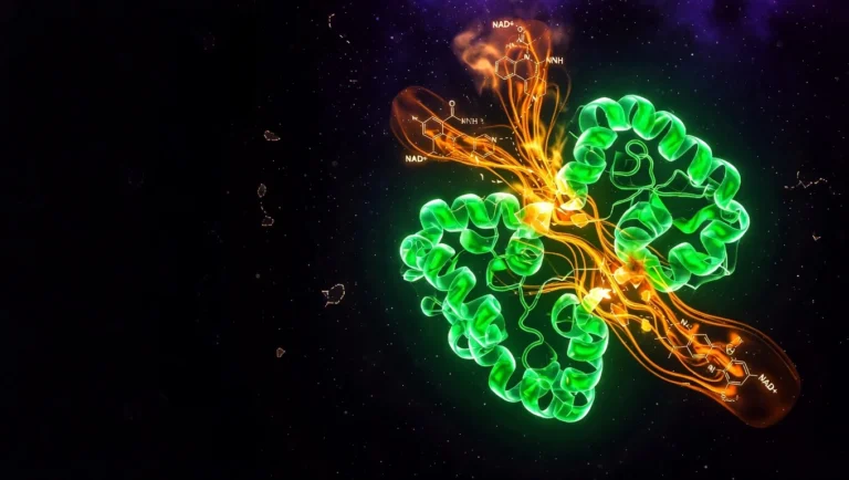 Estructura molecular de sirtuina en verde esmeralda con moléculas NAD+ siendo consumidas en la reacción de desacetilación.