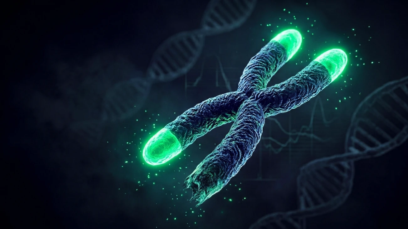Cromosoma humano en 3D sobre fondo índigo con los extremos (telómeros) brillando en verde esmeralda, uno de ellos deshilachado para representar el acortamiento telomérico y el envejecimiento celular.