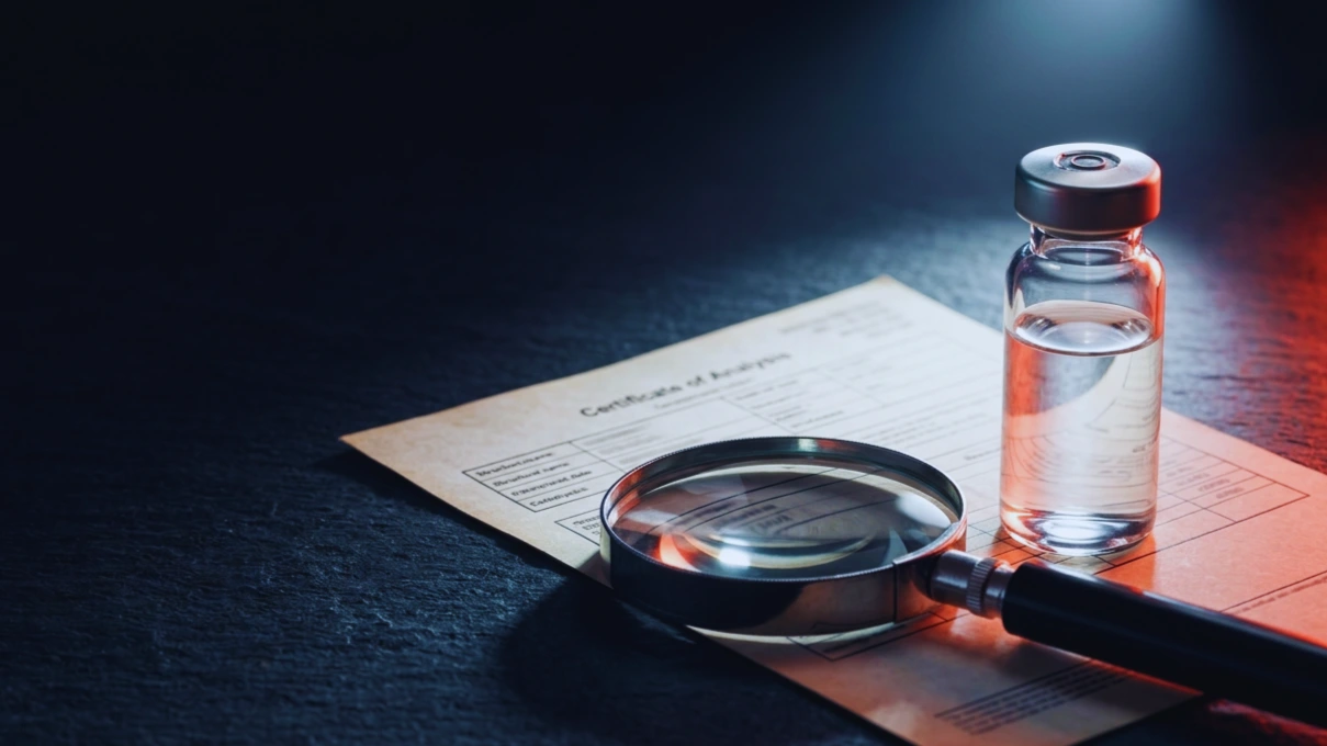 Vial de péptido sin etiqueta junto a un certificado de análisis y una lupa bajo luz de inspección.