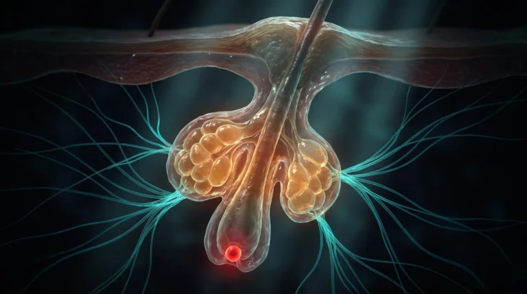 Ilustración microscópica de una unidad pilosebácea con la glándula sebácea engrosada por señal hormonal, clave del acné en la mujer adulta.