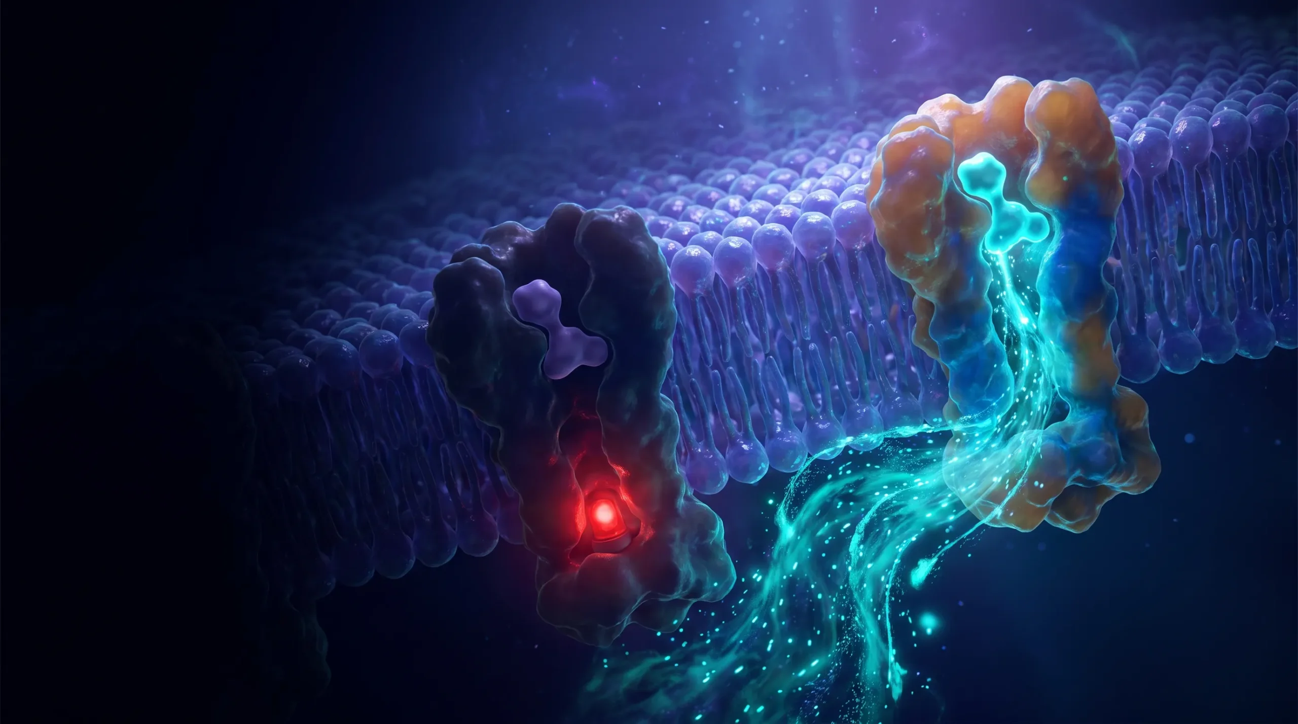 Dos moléculas ocupan el mismo receptor de membrana: una dispara una cascada de señal luminosa y la otra lo deja bloqueado y apagado, ilustrando la diferencia entre agonista y antagonista.