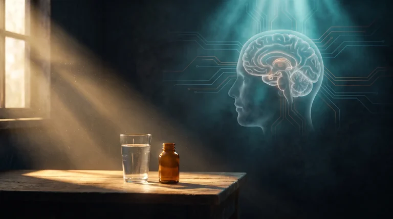 Primera luz del amanecer sobre una mesa con un vaso de agua y un frasco de suplemento, con un diagrama del cerebro difuminado al fondo, una representacion de los protocolos de neurociencia aplicada de Andrew Huberman.