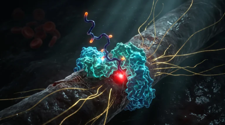 Ilustración molecular del ARA-290 uniéndose al receptor de reparación innata de una fibra nerviosa dañada mientras los glóbulos rojos permanecen inactivos al fondo.