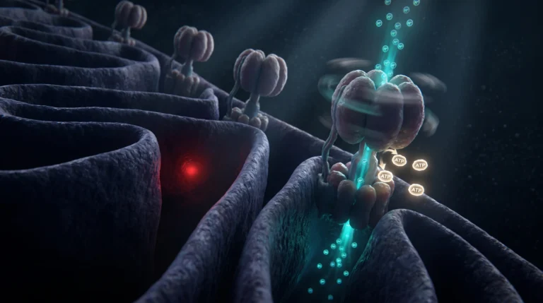 Ilustración de la ATP sintasa, el motor molecular que fabrica el ATP (adenosín trifosfato), en la membrana interna de una mitocondria.