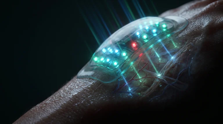 Macrofotografía conceptual de un biosensor emitiendo luz azul sobre la piel con un único punto de datos rojo desalineado, que ilustra el ruido de medición en los autoexperimentos con wearables.