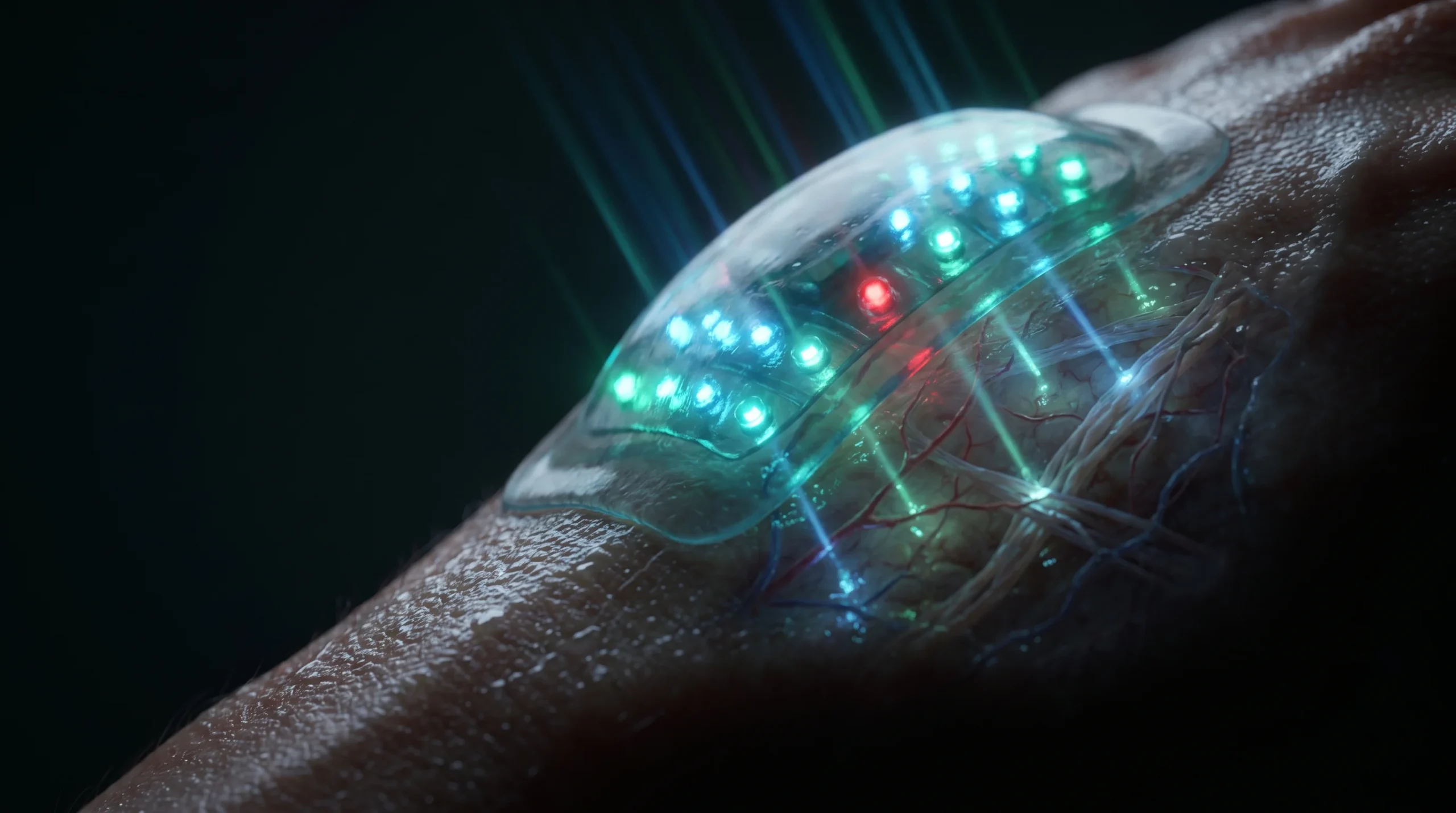 Macrofotografía conceptual de un biosensor emitiendo luz azul sobre la piel con un único punto de datos rojo desalineado, que ilustra el ruido de medición en los autoexperimentos con wearables.