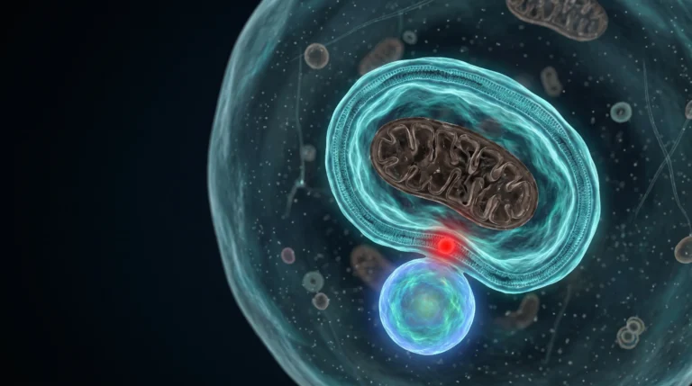 Un autofagosoma de doble membrana engulle una mitocondria dañada dentro de una célula, ilustrando la autofagia como reciclaje celular.