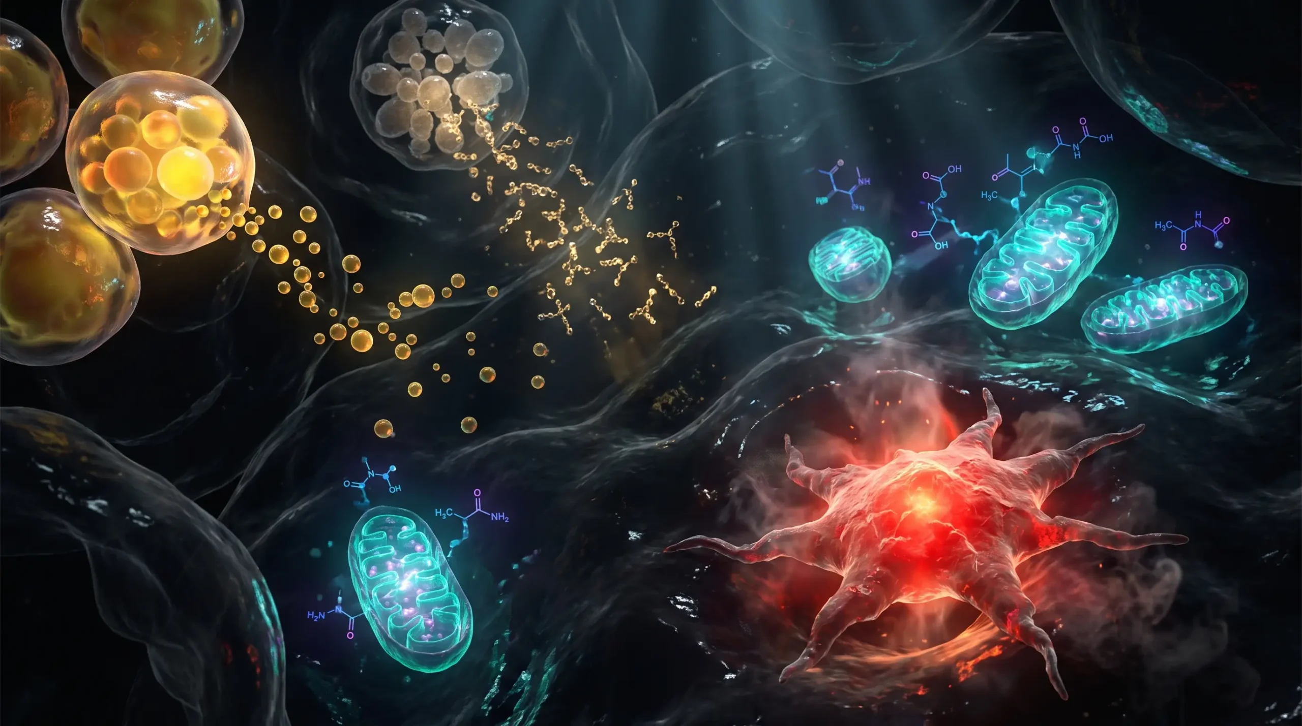 Ilustración molecular del ayuno intermitente, con gránulos de glucógeno disolviéndose en una célula hepática y gotas lipídicas llegando desde el tejido adiposo para formar cuerpos cetónicos.