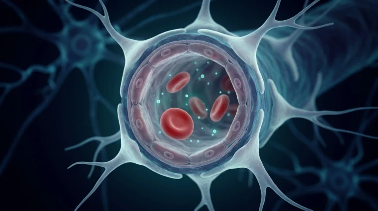Ilustración de un capilar cerebral en corte, la barrera hematoencefálica que el treonato o bisglicinato de magnesio tendría que cruzar para llegar al cerebro.