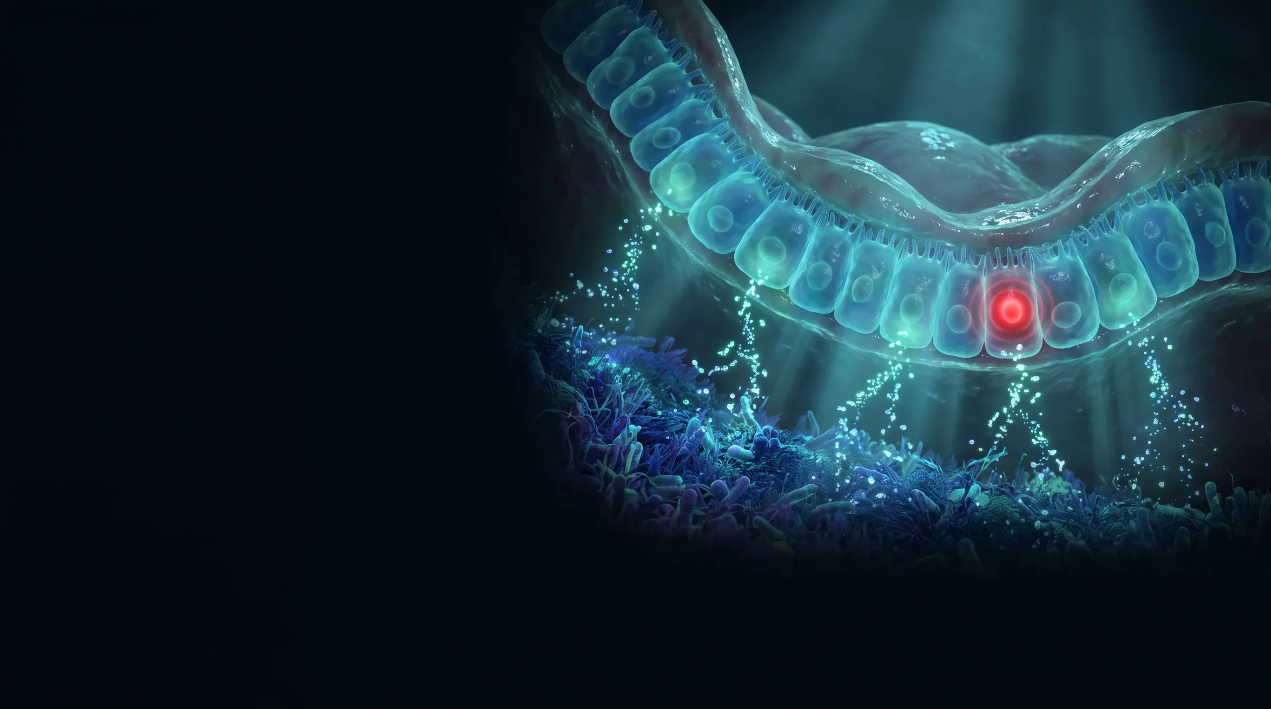 Ilustración del interior del colon donde la microbiota fermenta fibra y libera butirato que alimenta a los colonocitos.