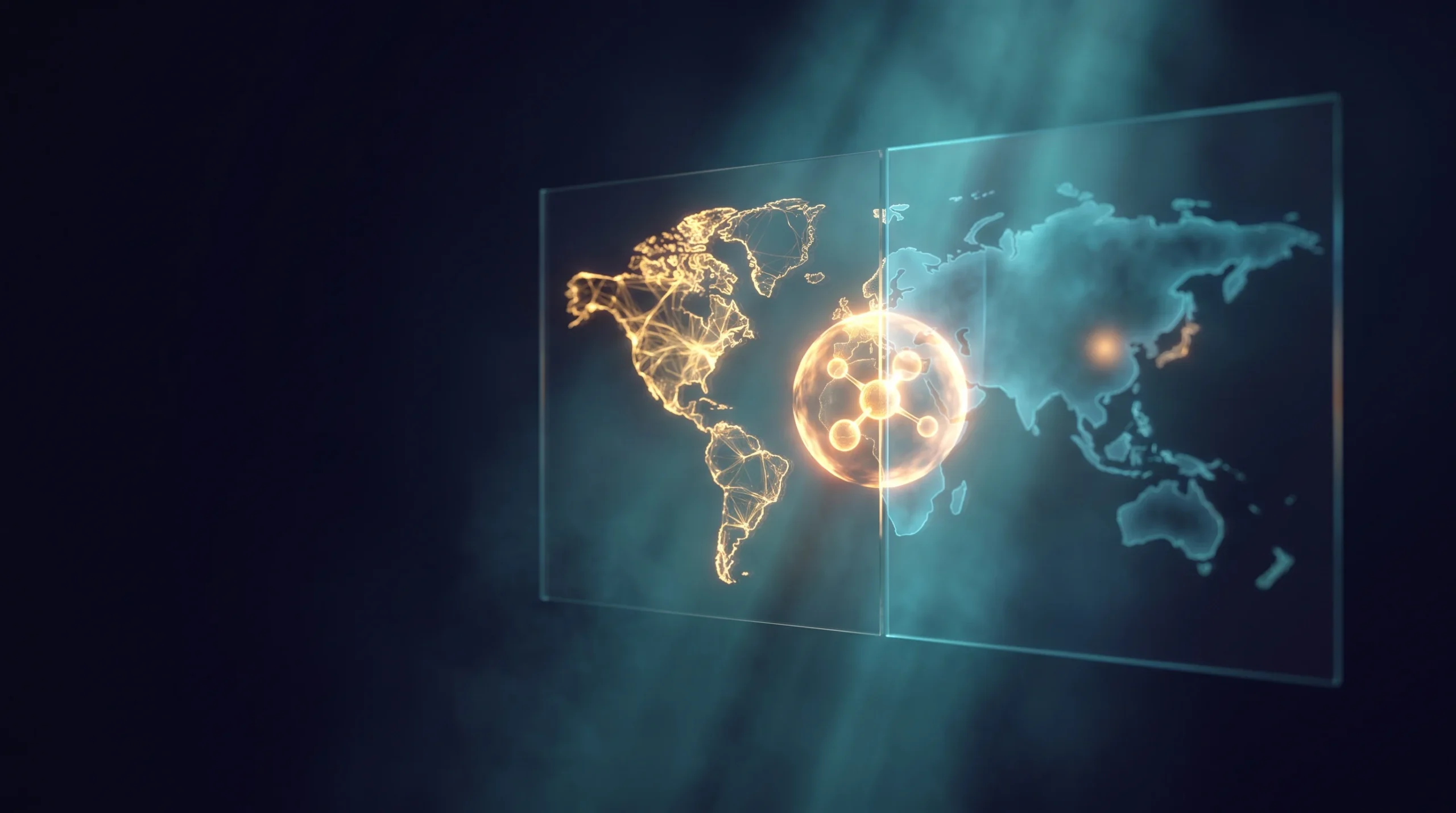 Molécula luminosa que divide un mapa del mundo en dos mitades de brillo distinto, una abierta y otra tras una barrera de luz, que ilustra el mercado de dos velocidades de los GLP-1.