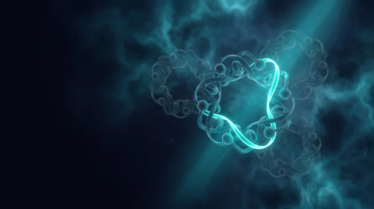 Estructura de anillo peptídico con un enlace resaltado en turquesa y copias fantasma de geometría ligeramente distinta detrás, que ilustra los isómeros estructurales de un péptido.