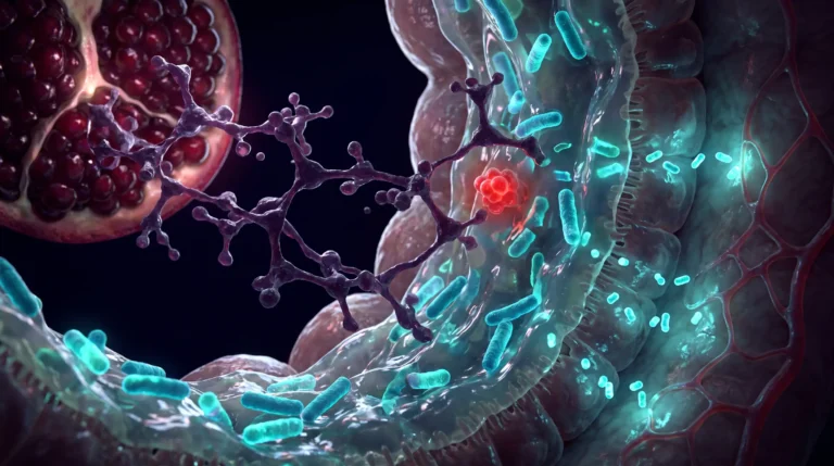 Ilustración de los elagitaninos del extracto de granada transformados en urolitinas por las bacterias del intestino.