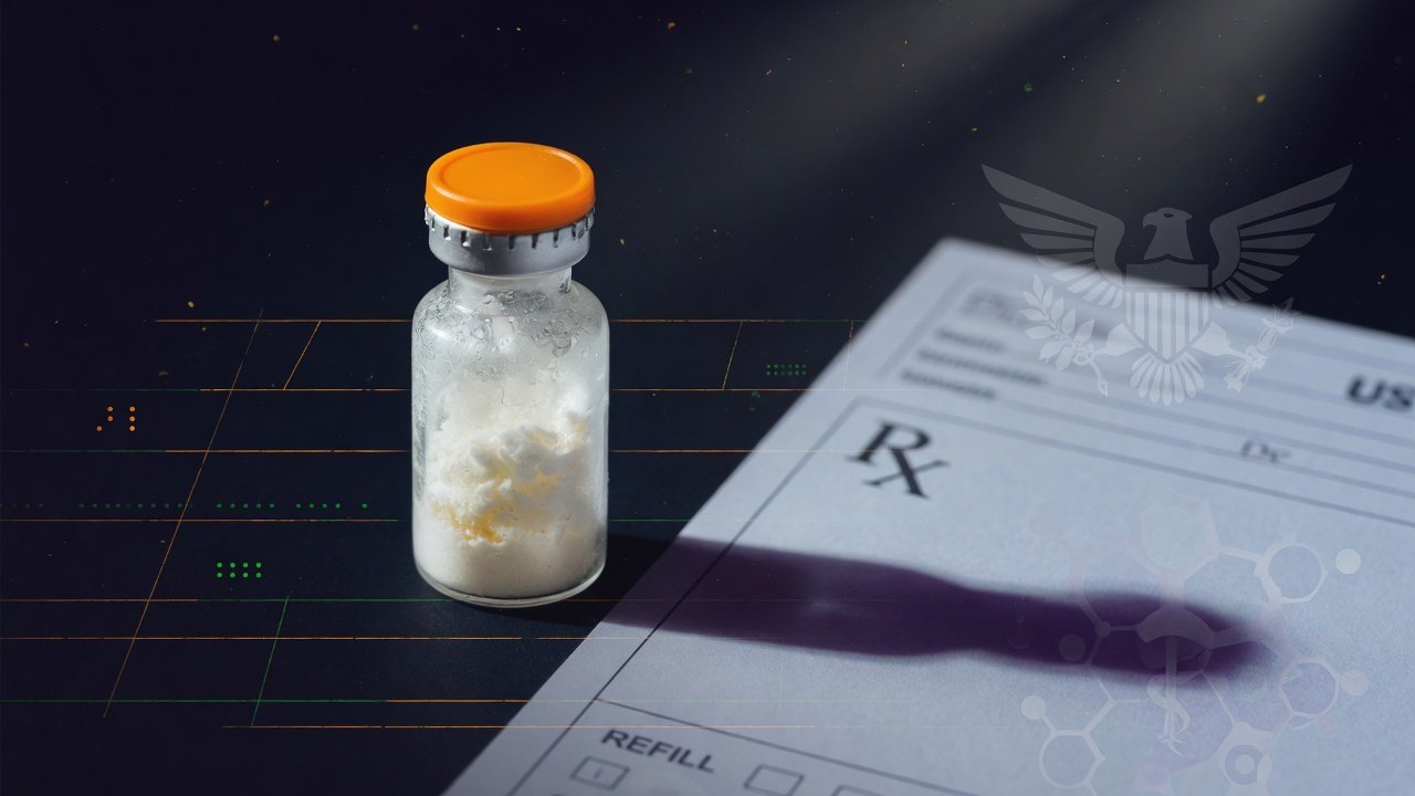 Vial peptídico junto a un recetario médico estadounidense fuera de foco sobre fondo índigo profundo, símbolo del marco regulatorio FDA y la legalidad de péptidos en Estados Unidos.