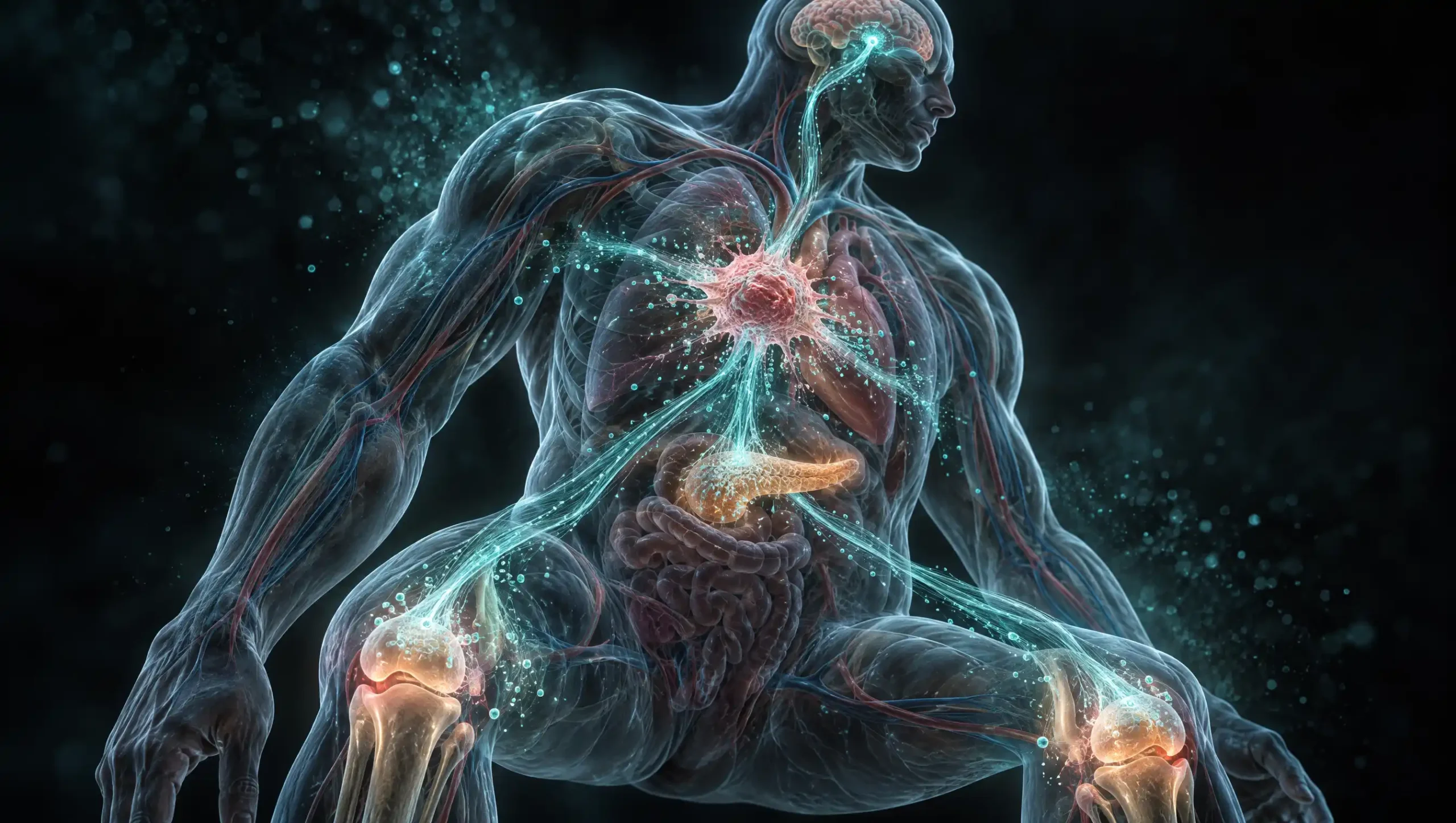 Ilustración de gerociencia: un torso humano translúcido con el corazón, el cerebro, el páncreas y las rodillas conectados a una célula senescente, la raíz común que estudia el campo.
