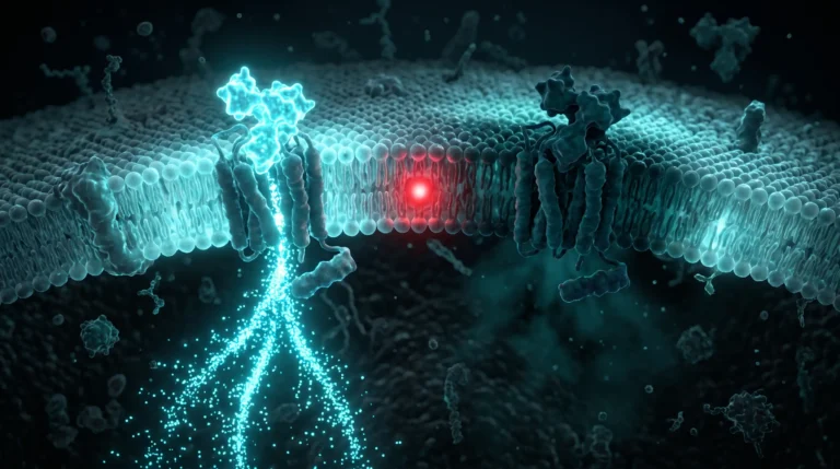 Ilustración molecular del receptor GIPR del GIP, activado por un lado y bloqueado por el otro, la paradoja que define la farmacología metabólica de 2026.