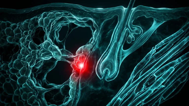 Ilustracion molecular de los efectos secundarios de los GLP-1, con el compartimento graso facial, el foliculo piloso y la fibra muscular afectados por la perdida rapida de peso.