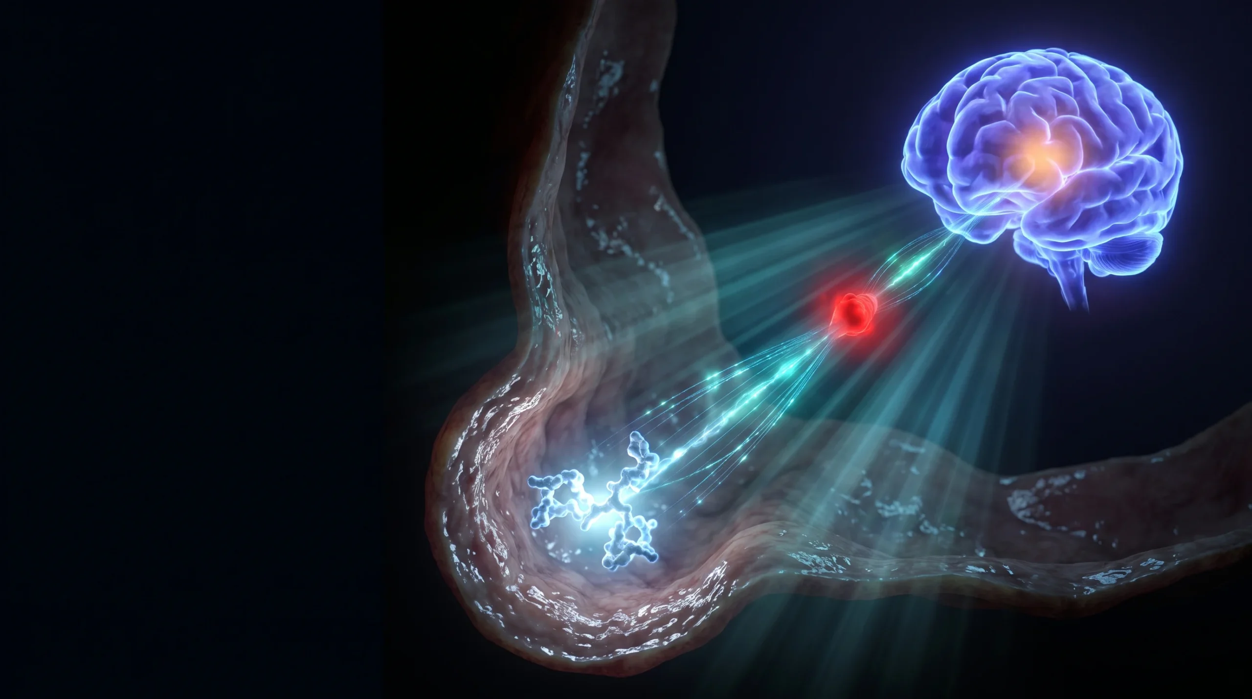Ilustración del eje intestino-cerebro con una hormona incretina viajando del intestino al centro del apetito, el mecanismo de los fármacos GLP-1.