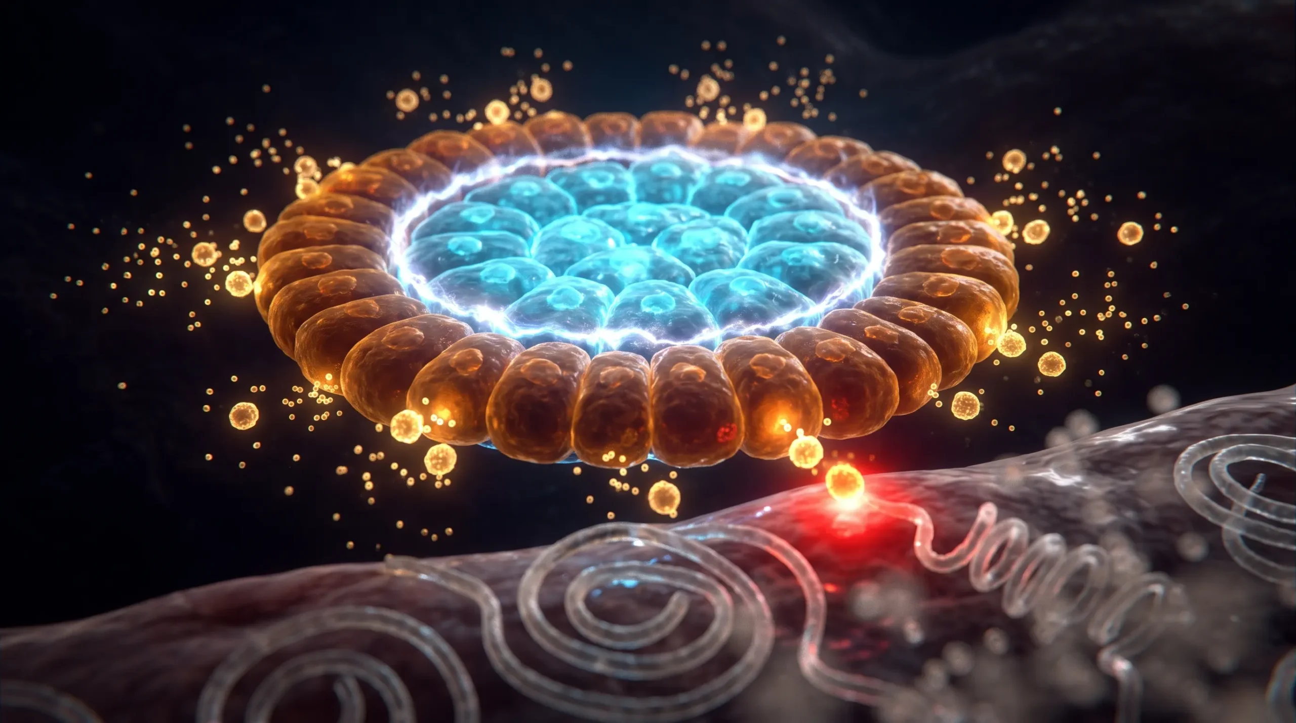 Ilustración molecular del glucagón liberado por las células alfa del islote pancreático, movilizando el glucógeno del hígado en oposición a la insulina.