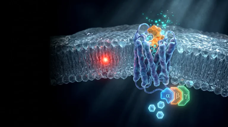 Corte de una membrana celular con un receptor de siete hélices que recibe un ligando por fuera y dispara la disociación de una proteína G de tres subunidades por dentro.