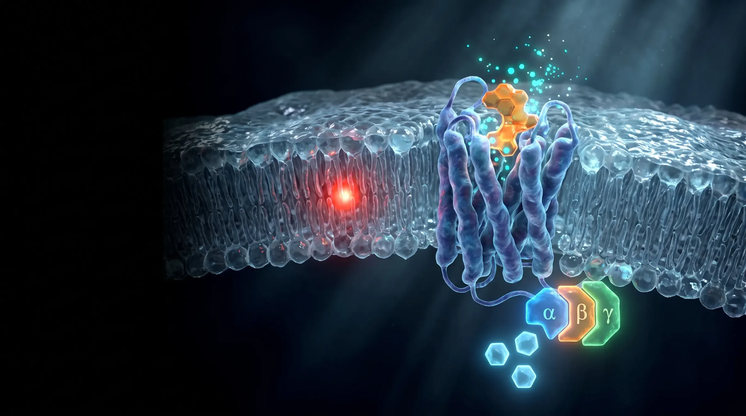 Corte de una membrana celular con un receptor de siete hélices que recibe un ligando por fuera y dispara la disociación de una proteína G de tres subunidades por dentro.