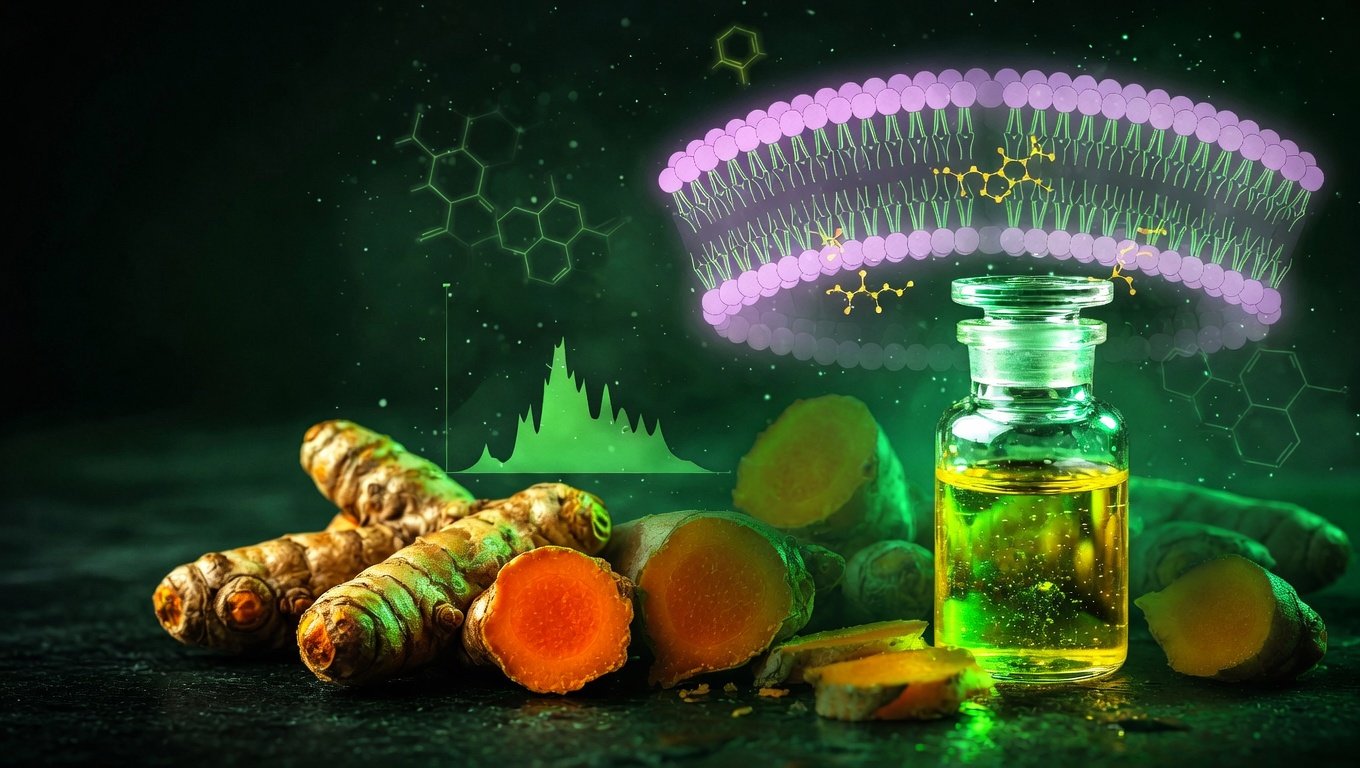 Raíz de cúrcuma fresca cortada mostrando interior dorado junto a vial con curcumina fitosomal y estructura molecular de fosfolípidos sugerida al fondo, iluminación verde-bio editorial.