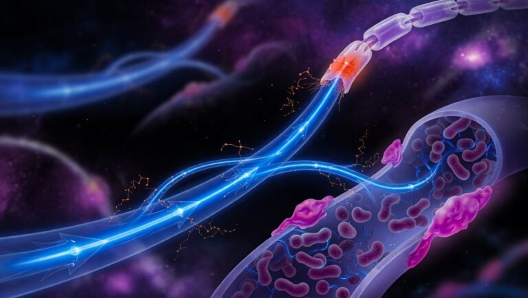Eje bidireccional intestino-cerebro con microbioma intestinal y axon neuronal con desmielinización en azul Brain sobre fondo índigo profundo
