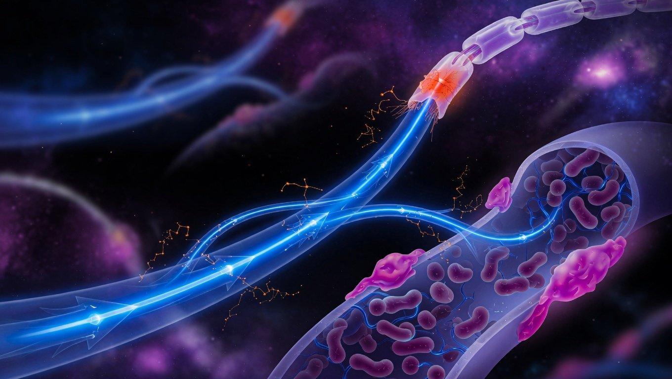 Eje bidireccional intestino-cerebro con microbioma intestinal y axon neuronal con desmielinización en azul Brain sobre fondo índigo profundo
