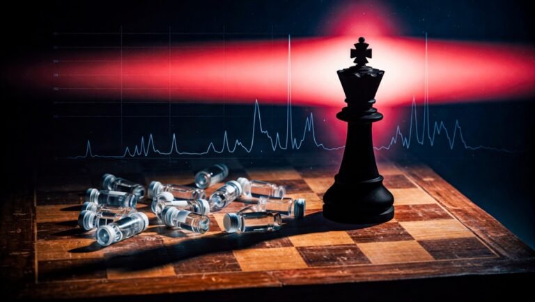 Rey de ajedrez negro mate con bordes salmón sobre tablero rodeado de viales liofilizados con chromatograma cyan al fondo sobre void índigo, representando la centralización del testing analítico en el mercado paralelo de péptidos.