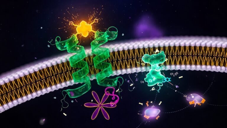 Receptor acoplado a proteína G (GPCR) en estado activado mostrando las siete hélices transmembrana, el ligando ámbar uniéndose desde el lado extracelular y la proteína G heterotrimérica disociándose en el lado intracelular, sobre fondo índigo profundo.