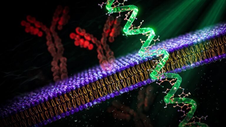 Estructura de péptido alfa-helical estabilizado atravesando membrana celular con antibody silueta en fondo coral.
