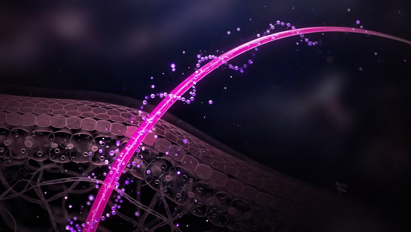 Filamento luminoso rosa atravesando un fondo índigo profundo, representación abstracta de la precisión cosmecéutica como activo molecular sobre la piel.