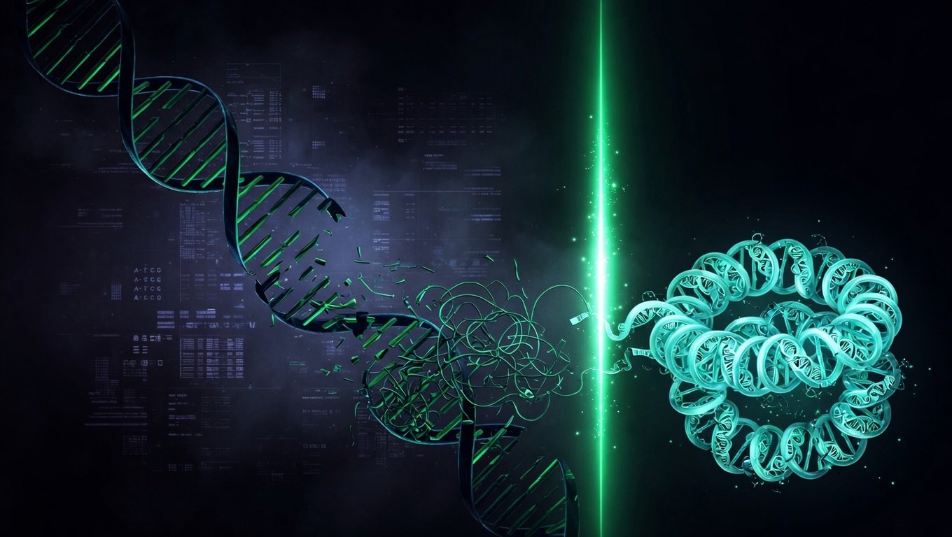 Hebra de ADN con organización epigenética perdiéndose progresivamente junto a histonas reorganizándose en cromatina joven, separadas por línea de reset verde-bio, ilustración editorial científica.