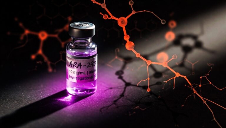 Vial de ARA-290 (Cibinetide) con halo violeta y siluetas de fibras nerviosas en regeneración