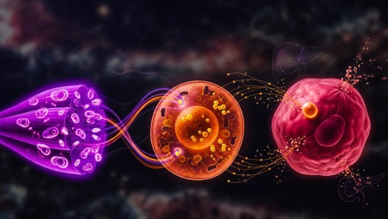 Cronología metabólica visualizada — músculo violeta, hígado con lipogénesis ámbar y adipocito desbordado sobre fondo índigo profundo