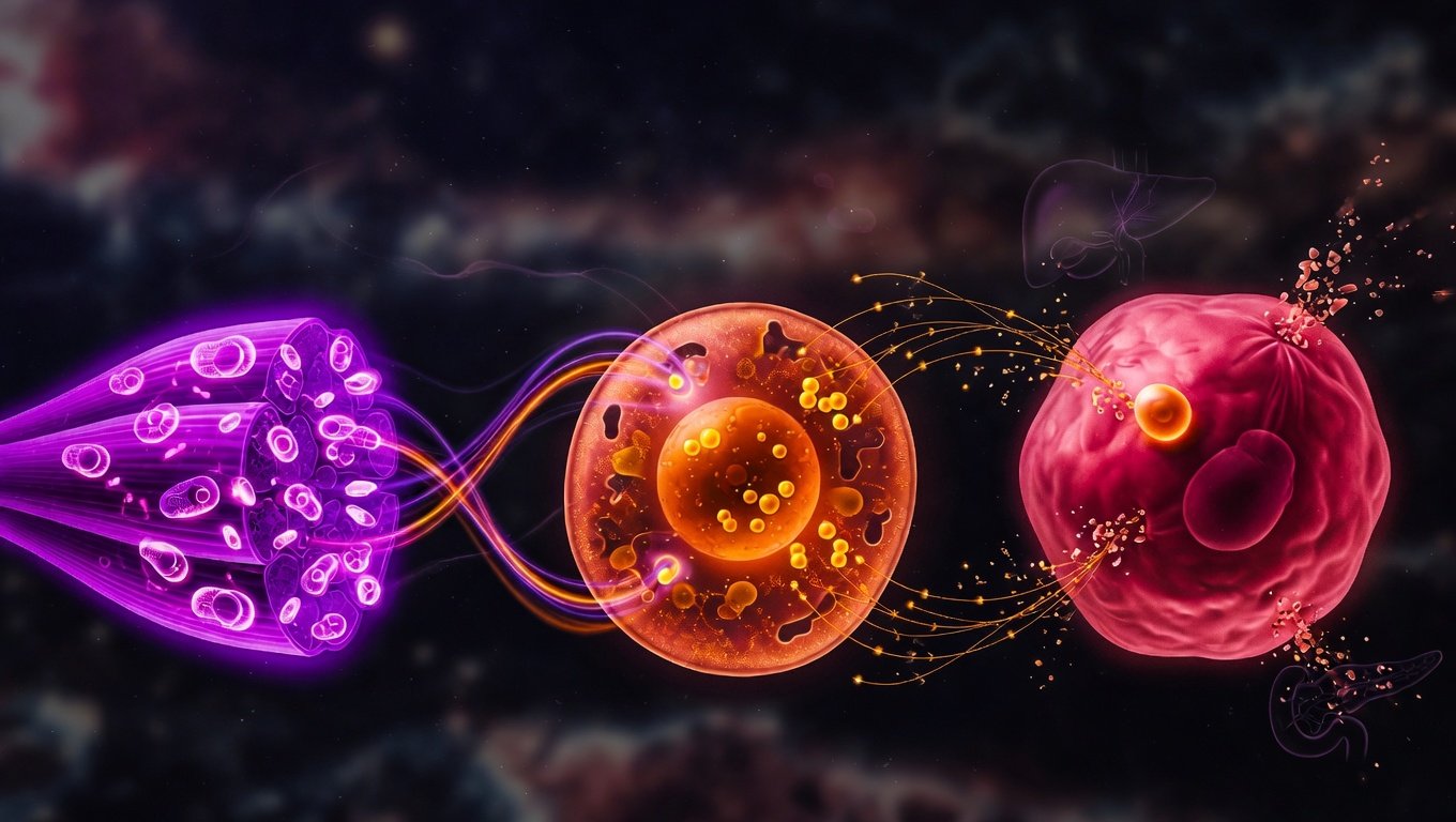 Cronología metabólica visualizada — músculo violeta, hígado con lipogénesis ámbar y adipocito desbordado sobre fondo índigo profundo