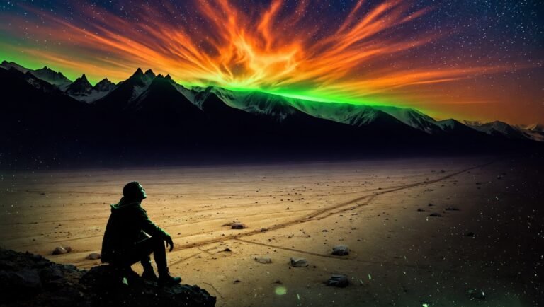 Figura solitaria silueta contemplando desde un afloramiento rocoso un horizonte montañoso lejano con una banda de luz verde esmeralda sobre la cresta y bruma ámbar tenue al fondo, sobre cielo índigo profundo