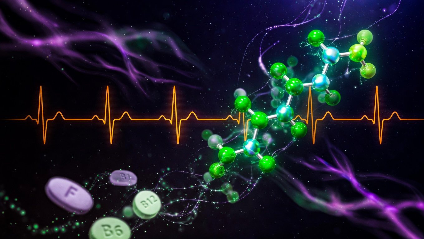 Molécula de homocisteína descendiendo en concentración sobre línea de ECG ámbar con depresión del segmento ST que no cambia, vitaminas B disolviéndose en primer plano sobre fondo índigo profundo
