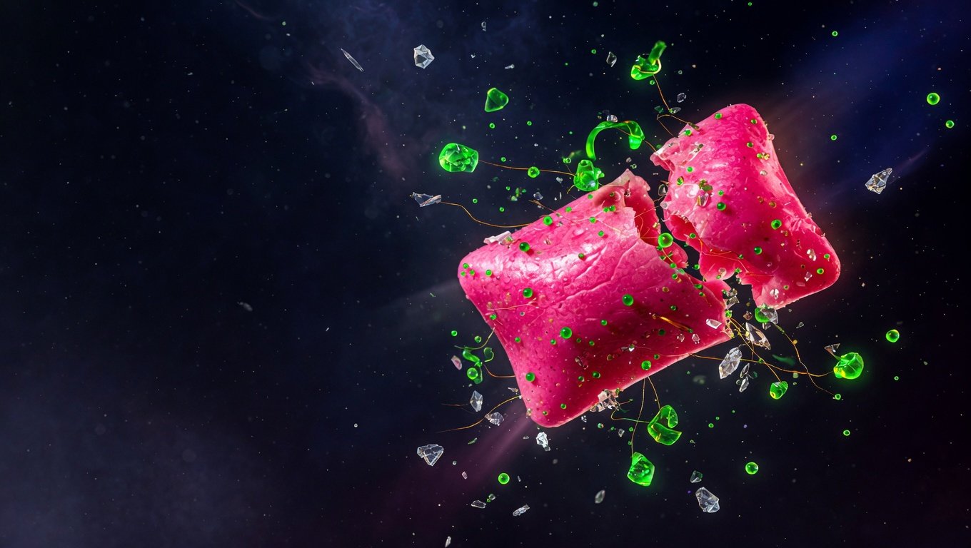 Chicle fragmentándose en microplásticos verdes y partículas de polioles sobre fondo índigo profundo