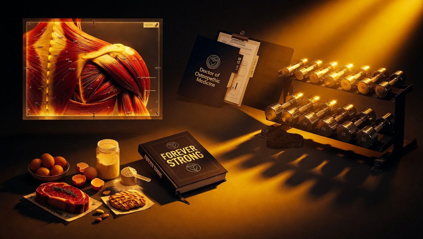 Entorno de optimización clínica con anatomía de fibra muscular esquelética, aparato de resistance training con mancuernas cromadas, nutrición de proteína alta, carpeta institucional DO y libro hardback Forever Strong, iluminación amber-gold editorial.