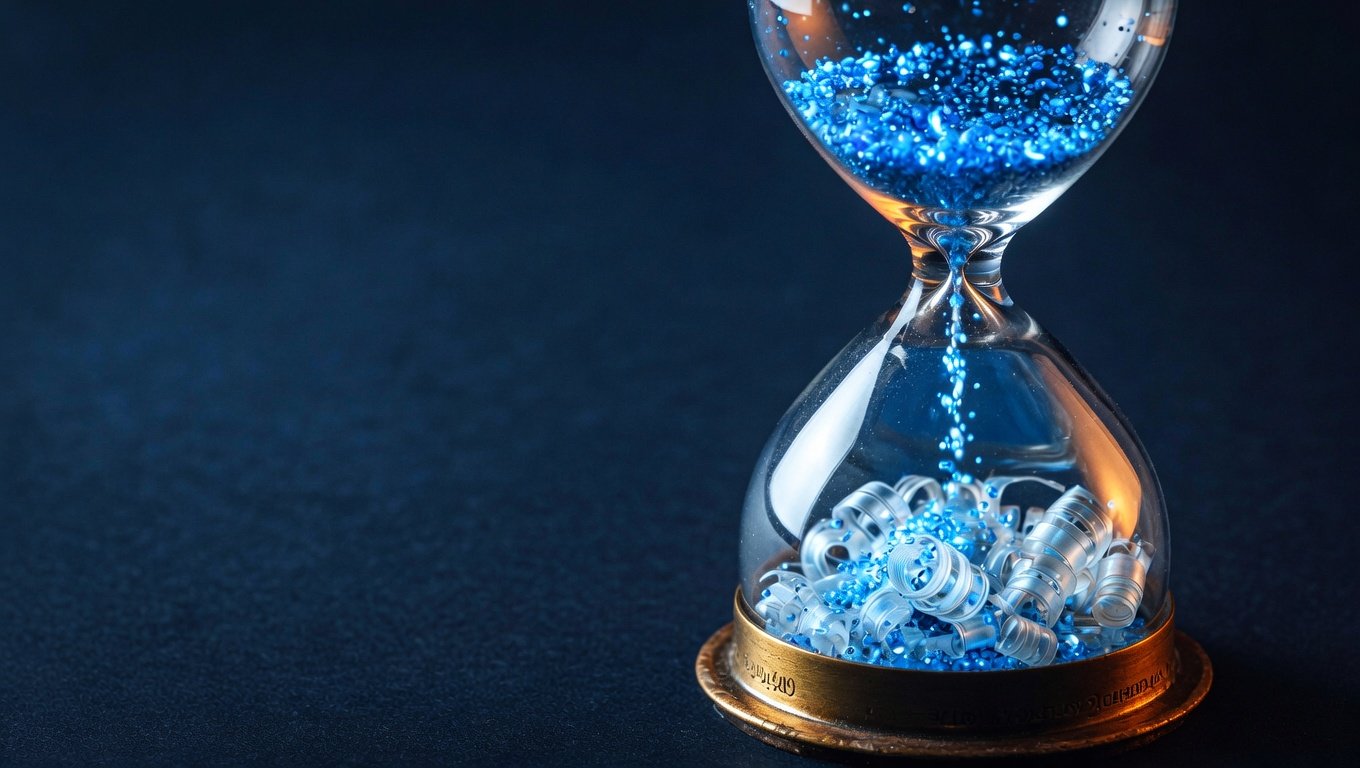 Reloj de arena con partículas azules cayendo, representando la ventana temporal de remielinización en EM