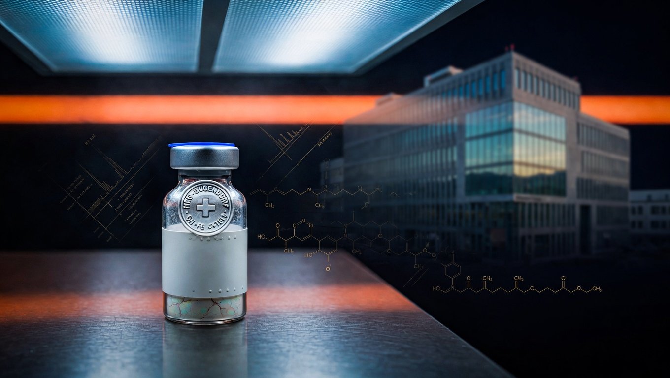 Vial farmacéutico GMP con sello de fabricación Bubendorf Suiza sobre acero inoxidable con silueta de planta industrial al fondo y glow salmón corporativo.